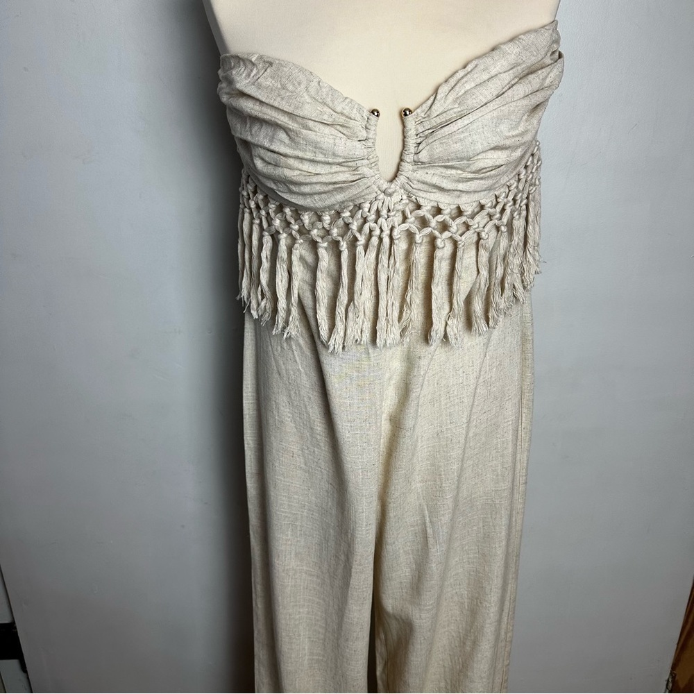 Forever 21 Pantsuit Women's Size Large 100% Cotton Beige Fringe Boho Hippie